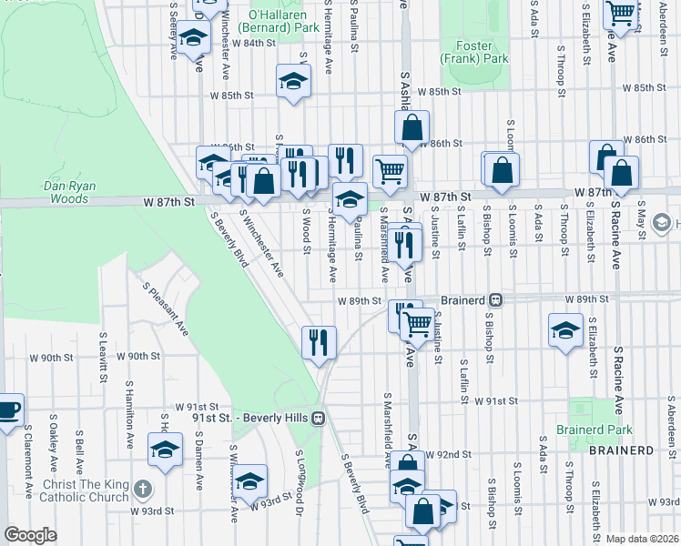 map of restaurants, bars, coffee shops, grocery stores, and more near 8832 South Paulina Street in Chicago