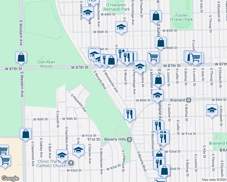 map of restaurants, bars, coffee shops, grocery stores, and more near 8835 South Winchester Avenue in Chicago