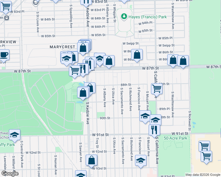 map of restaurants, bars, coffee shops, grocery stores, and more near 8812 South Utica Avenue in Evergreen Park