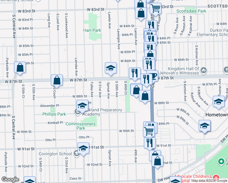 map of restaurants, bars, coffee shops, grocery stores, and more near 8737 Sproat Avenue in Oak Lawn