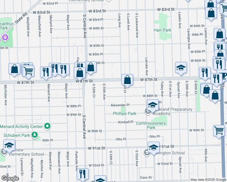 map of restaurants, bars, coffee shops, grocery stores, and more near 5349 Avery Place in Oak Lawn