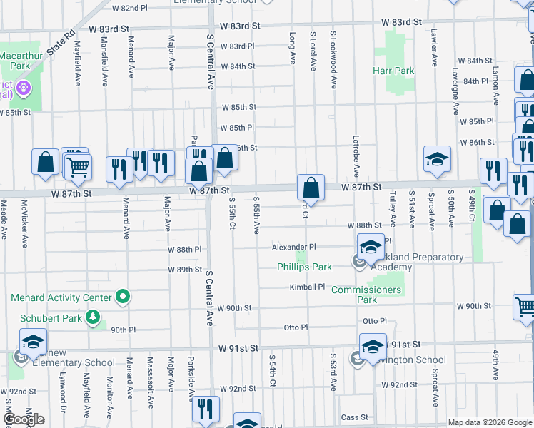 map of restaurants, bars, coffee shops, grocery stores, and more near 5425 Avery Place in Oak Lawn