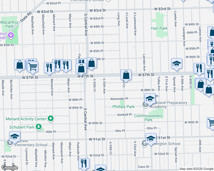 map of restaurants, bars, coffee shops, grocery stores, and more near 5425 Avery Place in Oak Lawn