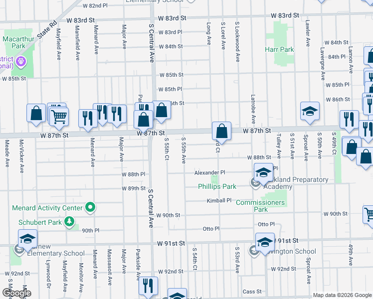 map of restaurants, bars, coffee shops, grocery stores, and more near 5425 Avery Place in Oak Lawn