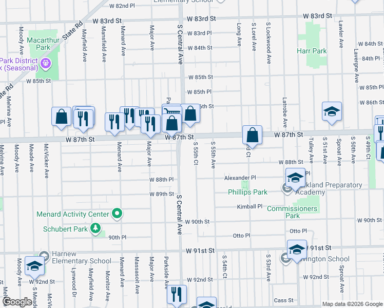 map of restaurants, bars, coffee shops, grocery stores, and more near 8729 South 55th Court in Oak Lawn