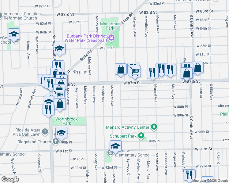 map of restaurants, bars, coffee shops, grocery stores, and more near 8720 Austin Avenue in Oak Lawn