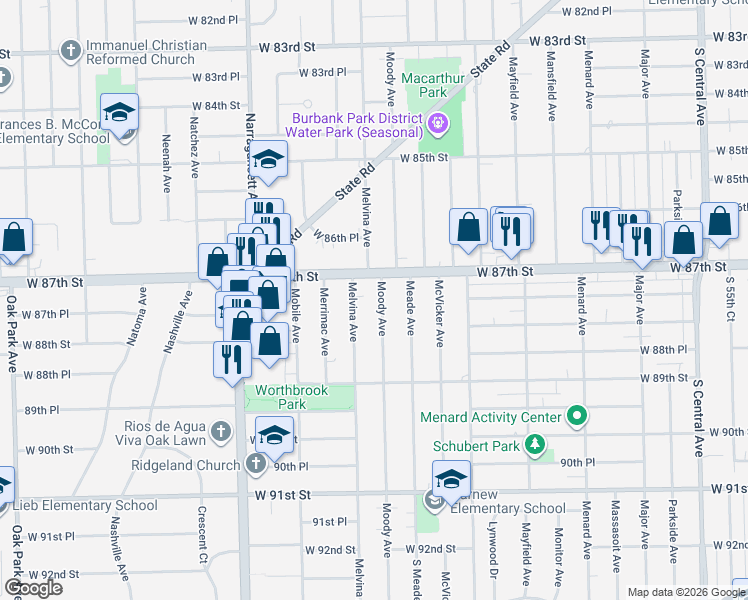 map of restaurants, bars, coffee shops, grocery stores, and more near 8731 Moody Avenue in Oak Lawn