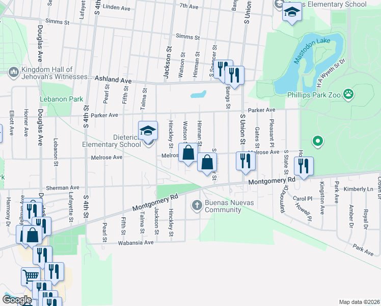 map of restaurants, bars, coffee shops, grocery stores, and more near 1172 Watson Street in Aurora
