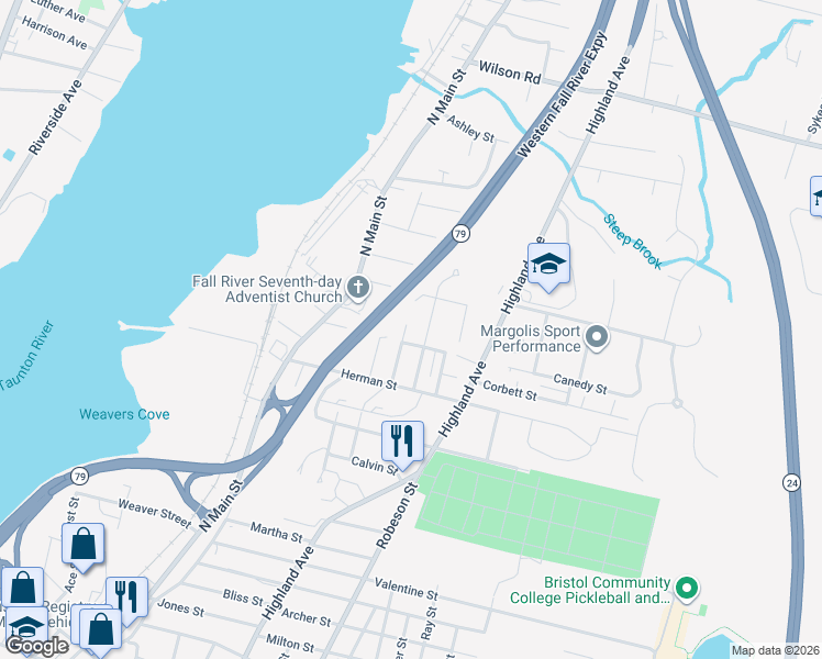 map of restaurants, bars, coffee shops, grocery stores, and more near 105 Warner St in Fall River