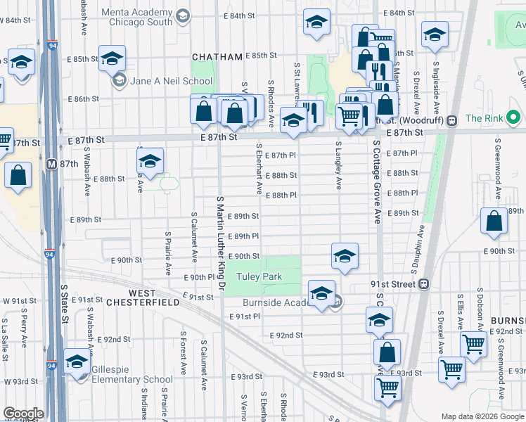 map of restaurants, bars, coffee shops, grocery stores, and more near 500 East 89th Street in Chicago