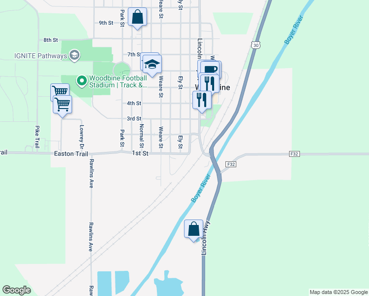 map of restaurants, bars, coffee shops, grocery stores, and more near 104 Ely Street in Woodbine
