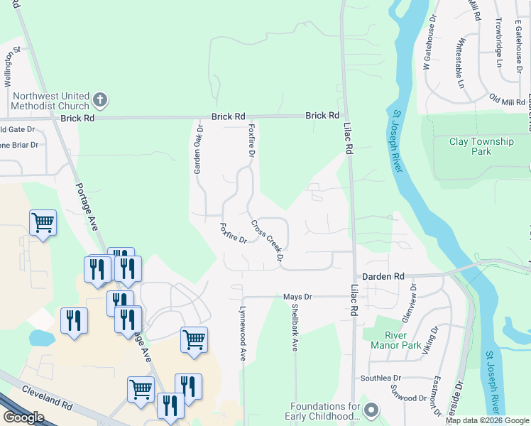 map of restaurants, bars, coffee shops, grocery stores, and more near 4324 Hunter Run Circle in South Bend