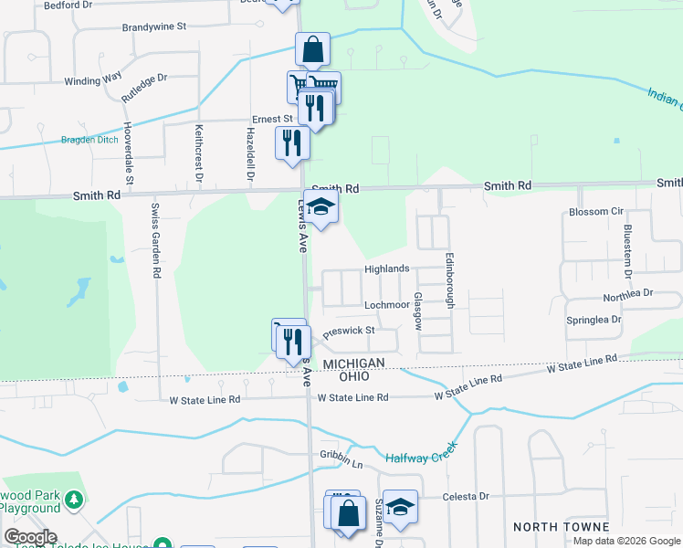 map of restaurants, bars, coffee shops, grocery stores, and more near 282 Highlands in Temperance