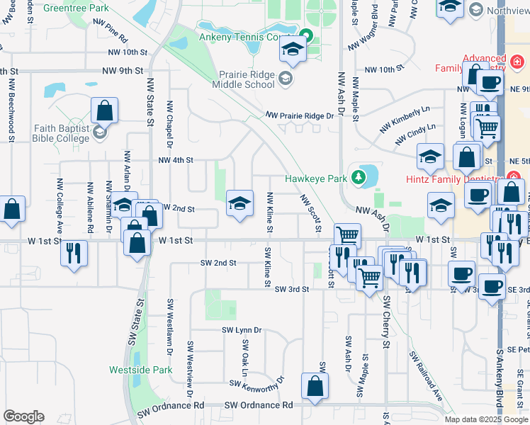 map of restaurants, bars, coffee shops, grocery stores, and more near 202 Northwest Kline Street in Ankeny