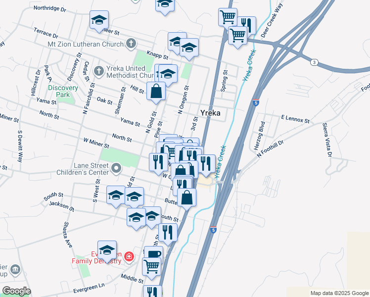 map of restaurants, bars, coffee shops, grocery stores, and more near 207 3rd Street in Yreka