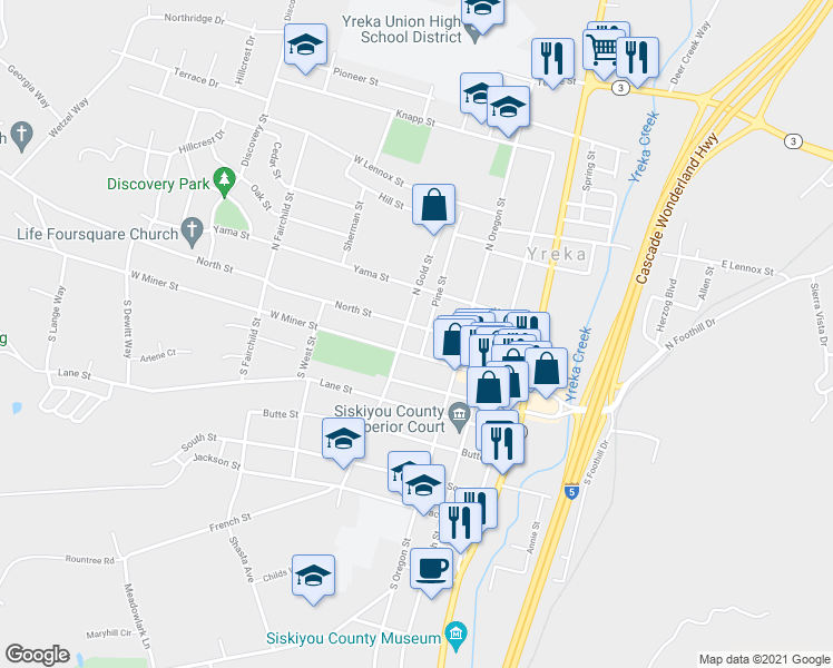 map of restaurants, bars, coffee shops, grocery stores, and more near 505 North Street in Yreka