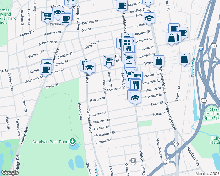map of restaurants, bars, coffee shops, grocery stores, and more near 55 Baldwin Street in Hartford
