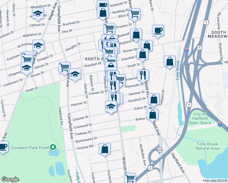 map of restaurants, bars, coffee shops, grocery stores, and more near 563 Franklin Avenue in Hartford