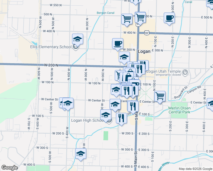 map of restaurants, bars, coffee shops, grocery stores, and more near 180 West 100 North in Logan