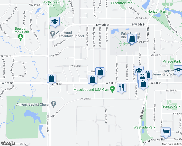 map of restaurants, bars, coffee shops, grocery stores, and more near 2305 Northwest 2nd Street in Ankeny