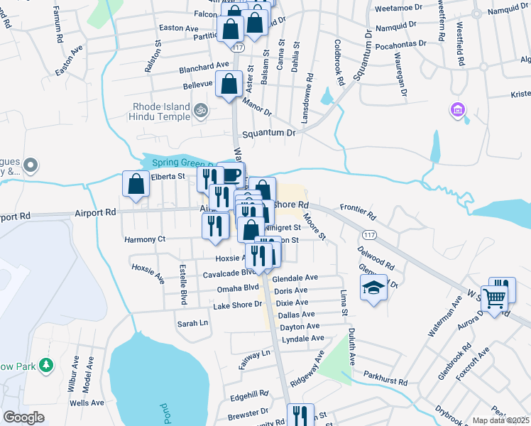 map of restaurants, bars, coffee shops, grocery stores, and more near 2 West Shore Road in Warwick