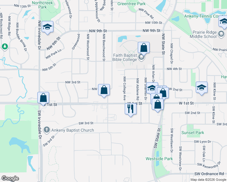 map of restaurants, bars, coffee shops, grocery stores, and more near 2101 Northwest 2nd Street in Ankeny
