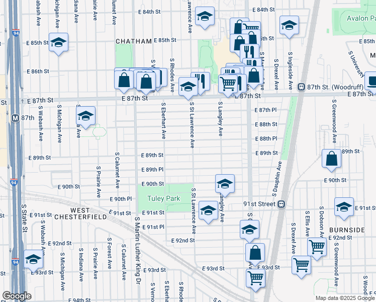 map of restaurants, bars, coffee shops, grocery stores, and more near 534 East 89th Street in Chicago