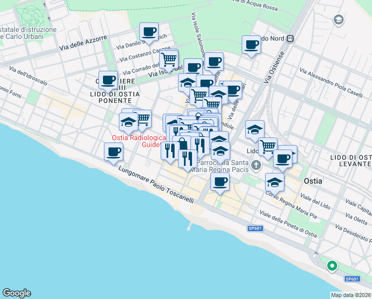 map of restaurants, bars, coffee shops, grocery stores, and more near 34 Via Orazio dello Sbirro in Lido di Ostia