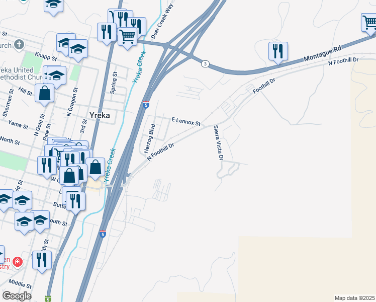 map of restaurants, bars, coffee shops, grocery stores, and more near 400 North Foothill Drive in Yreka