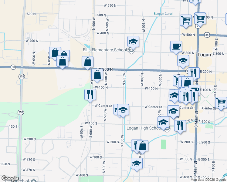 map of restaurants, bars, coffee shops, grocery stores, and more near 426 West 100 North in Logan