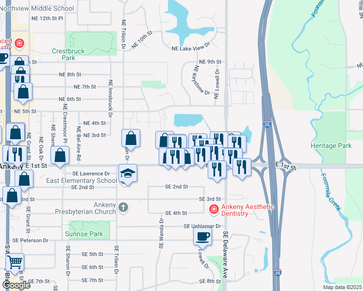 map of restaurants, bars, coffee shops, grocery stores, and more near 902 East 1st Street in Ankeny