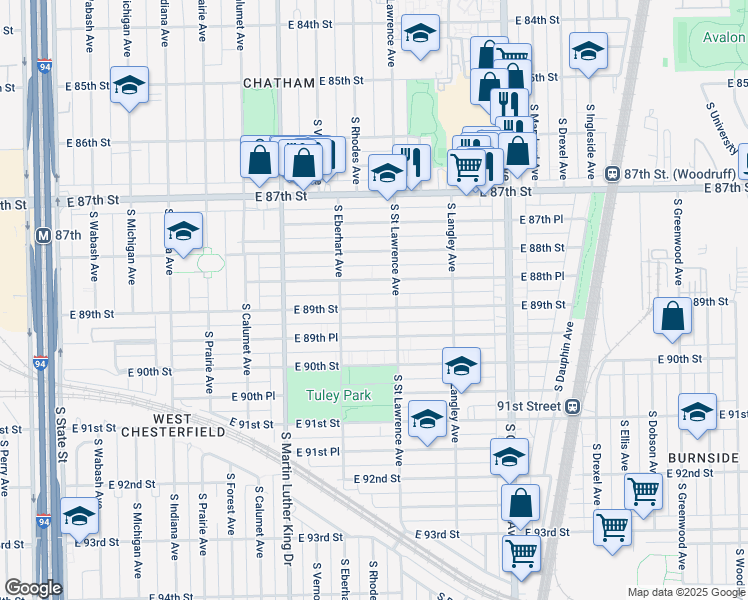 map of restaurants, bars, coffee shops, grocery stores, and more near 534 East 89th Street in Chicago