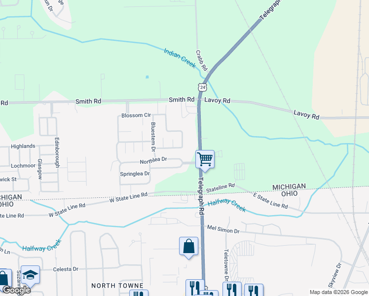 map of restaurants, bars, coffee shops, grocery stores, and more near 6339 Telegraph Road in Erie