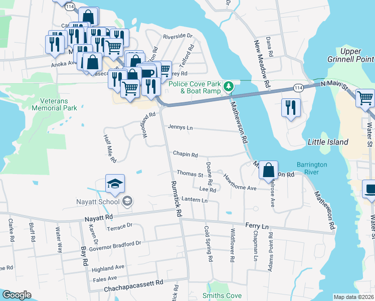 map of restaurants, bars, coffee shops, grocery stores, and more near 16 Chapin Road in Barrington