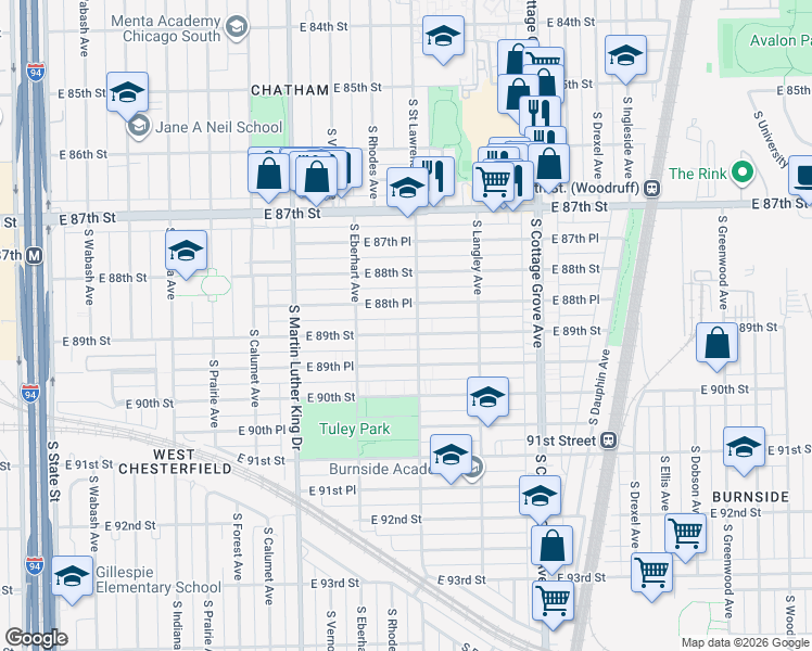 map of restaurants, bars, coffee shops, grocery stores, and more near 548 East 89th Street in Chicago