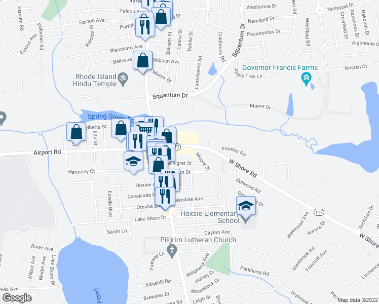 map of restaurants, bars, coffee shops, grocery stores, and more near 59 W Shore Rd in Warwick