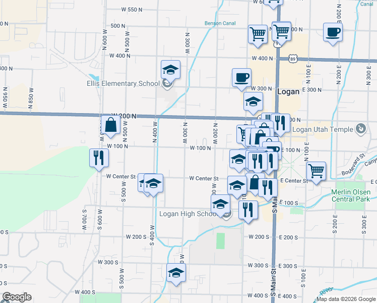 map of restaurants, bars, coffee shops, grocery stores, and more near 96 North 300 West in Logan