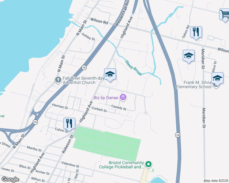 map of restaurants, bars, coffee shops, grocery stores, and more near 9 Courtney Street in Fall River