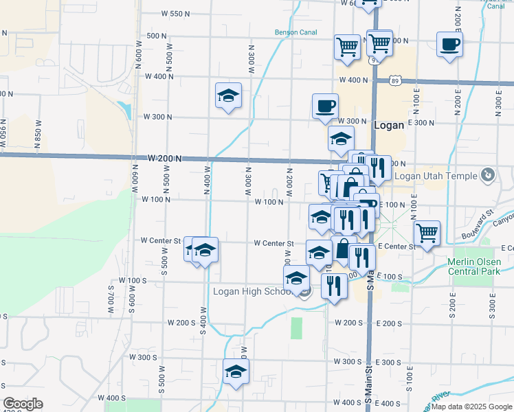 map of restaurants, bars, coffee shops, grocery stores, and more near 254 West 100 North in Logan