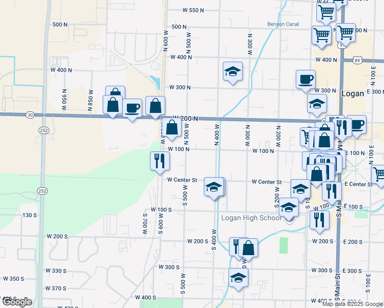 map of restaurants, bars, coffee shops, grocery stores, and more near 70 North 500 West in Logan