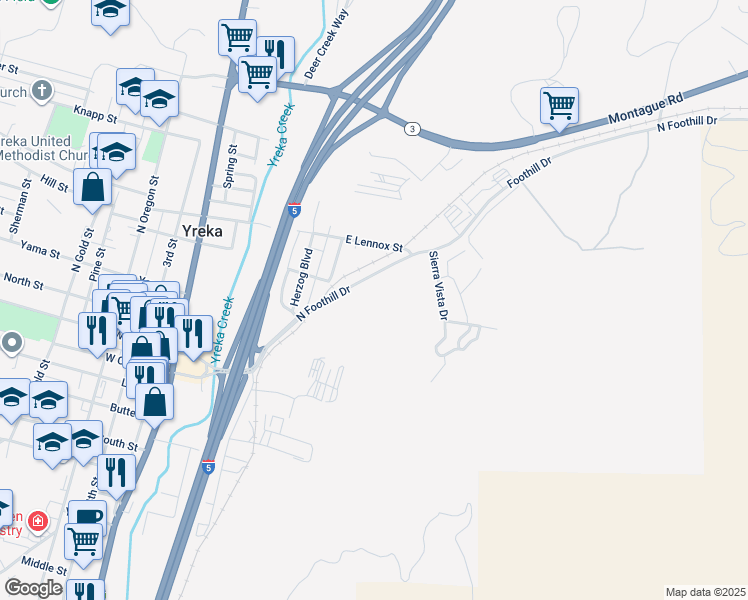 map of restaurants, bars, coffee shops, grocery stores, and more near 400 North Foothill Drive in Yreka