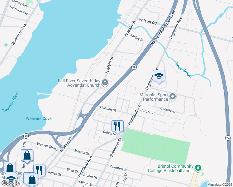 map of restaurants, bars, coffee shops, grocery stores, and more near 105 Warner Street in Fall River