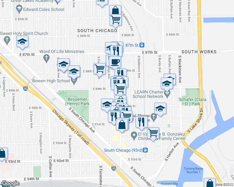 map of restaurants, bars, coffee shops, grocery stores, and more near 8922 South Commercial Avenue in Chicago