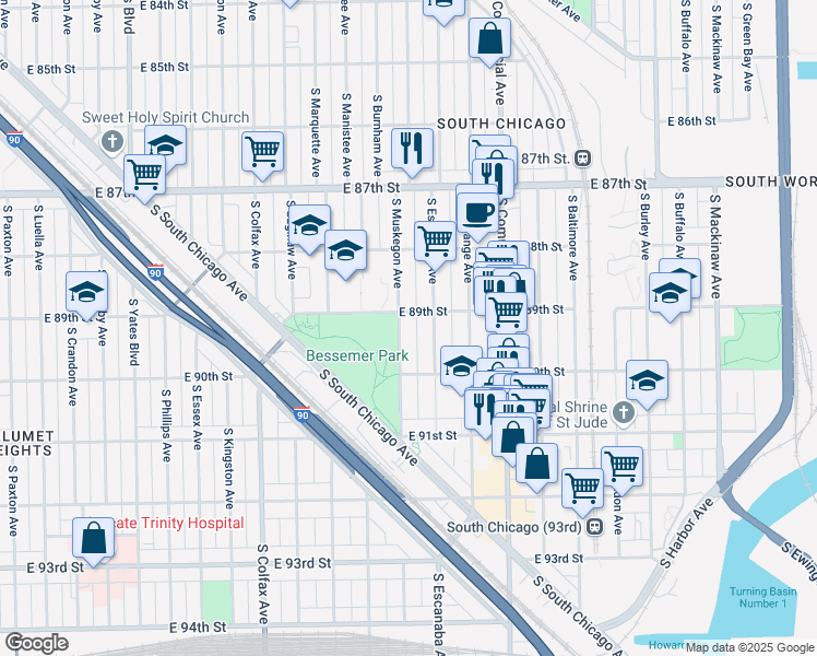 map of restaurants, bars, coffee shops, grocery stores, and more near 8921 South Muskegon Avenue in Chicago