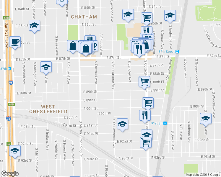 map of restaurants, bars, coffee shops, grocery stores, and more near 534 East 89th Street in Chicago