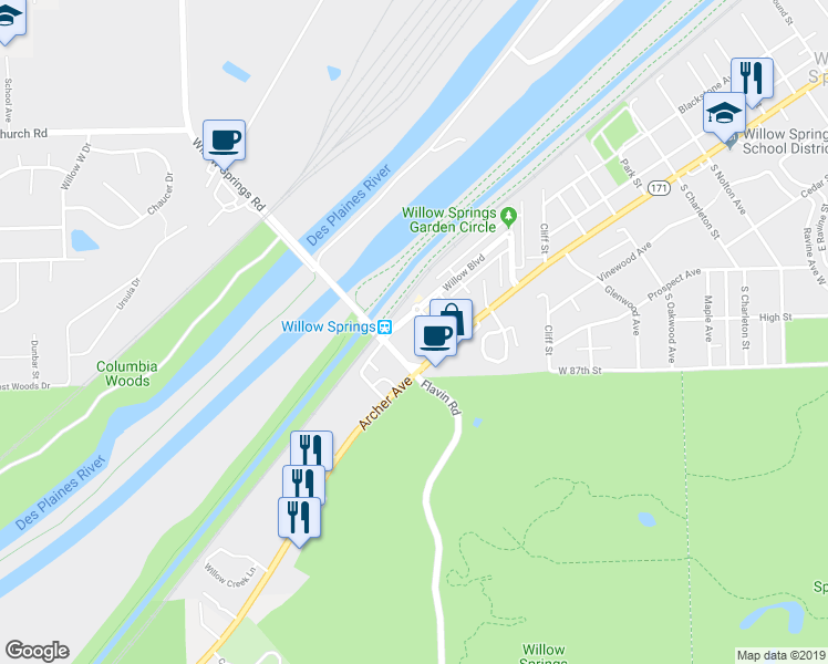 map of restaurants, bars, coffee shops, grocery stores, and more near 144 Market Street in Willow Springs