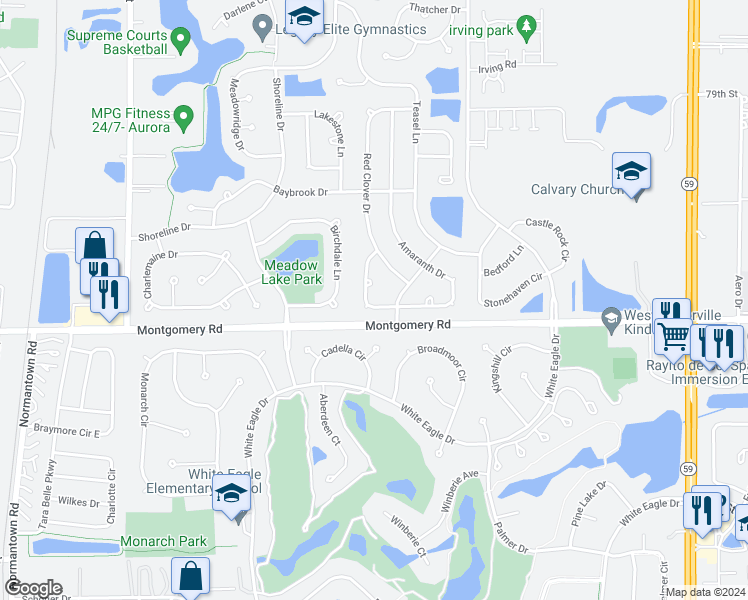 map of restaurants, bars, coffee shops, grocery stores, and more near 1329 Amaranth Drive in Naperville