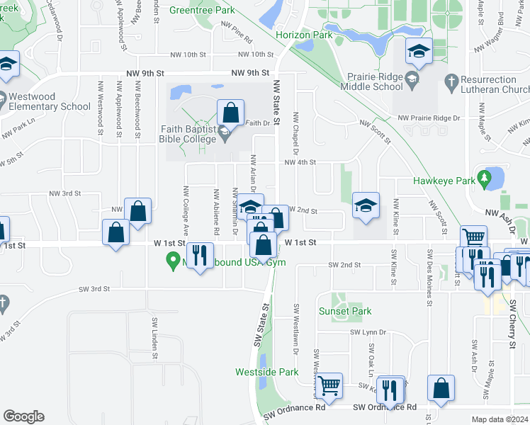 map of restaurants, bars, coffee shops, grocery stores, and more near 1607 Northwest 2nd Street in Ankeny