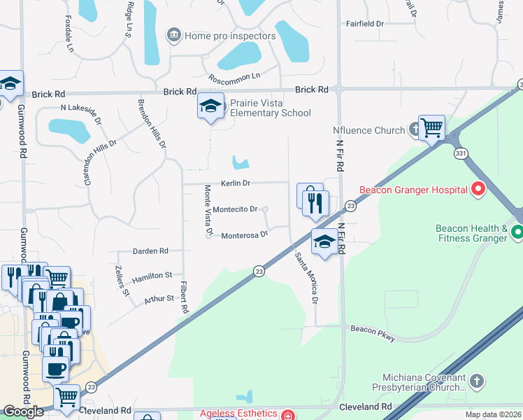 map of restaurants, bars, coffee shops, grocery stores, and more near 15498 Montecito Drive in Granger