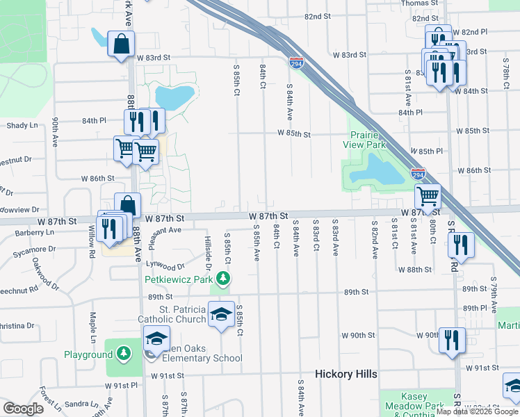 map of restaurants, bars, coffee shops, grocery stores, and more near 8512 West 87th Street in Hickory Hills